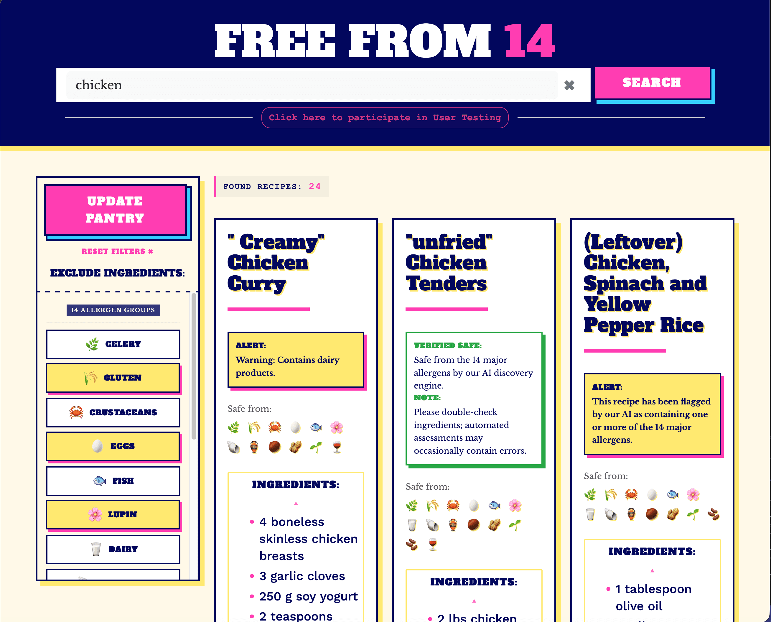 FreeFrom14 search results showing chicken recipes with allergen filters