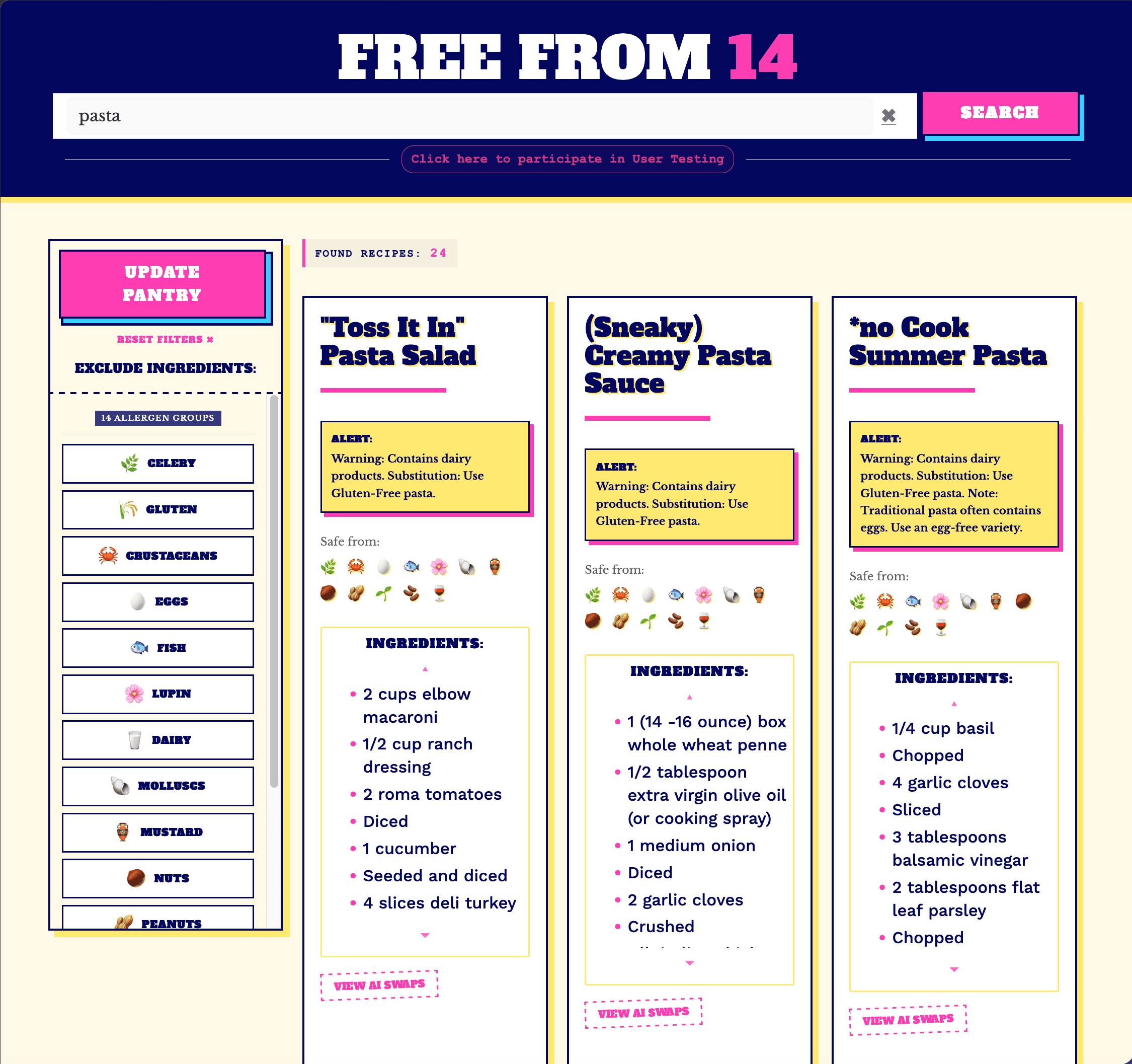 FreeFrom14 recipe search interface showing allergen filters and recipe results