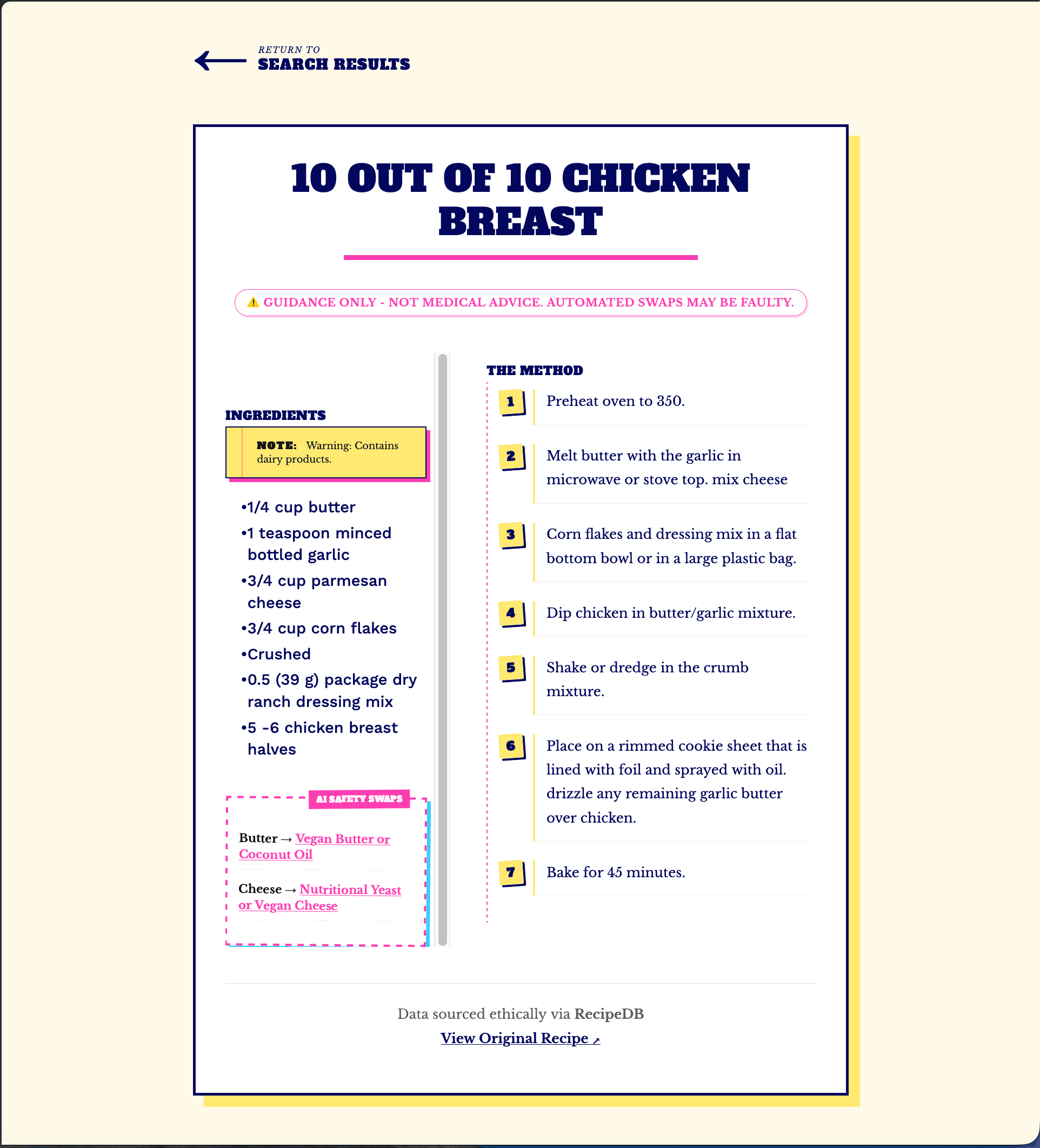 FreeFrom14 recipe detail page showing ingredients, method and allergen-aware safety information